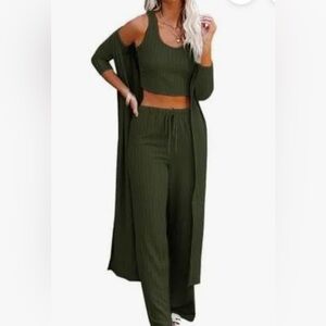 Olive Ribbed Three-Piece Lounge Set - Women Pants & Jumpsuits